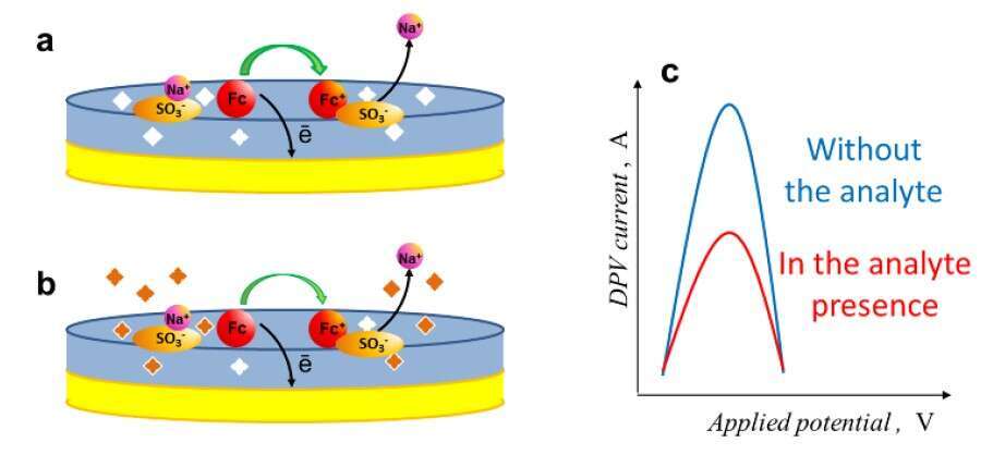 Scheme 1. Principle of operation of self-reporting MIP recognition layer based chemosensor in (a) absence and (b) presence of a target analyte, and (c) analytical DPV signal.